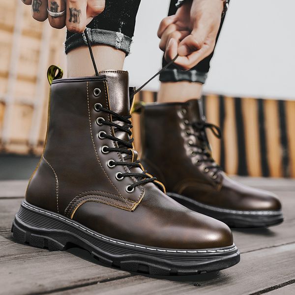 

martin boots 2021 autumn winter new british leather fashion men's casual shoes high helper work motorcycle, Black