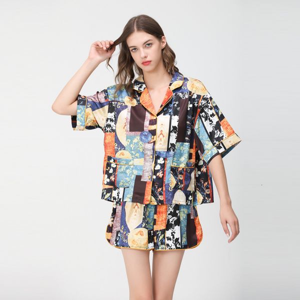 

ice silk pajamas women's summer short sleeve shorts 2-piece set thin print can be worn outside home wear imitation suit, Black;red