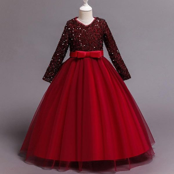 

girl's dresses wedding party sequins dress for girls lace first feast princess long exchange ball beauty shoulder, Red;yellow
