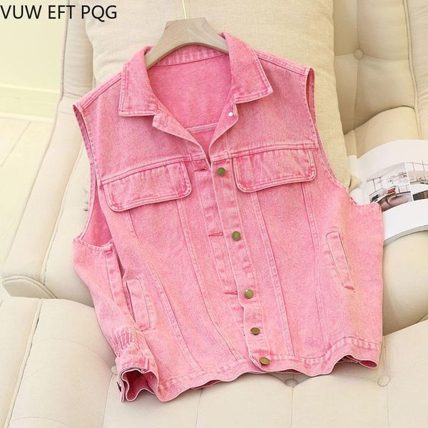 

women's vests 2021 sweet girl candy color casual jeans vest denim slim short female sleeveless jacket waistcoat, Black;white