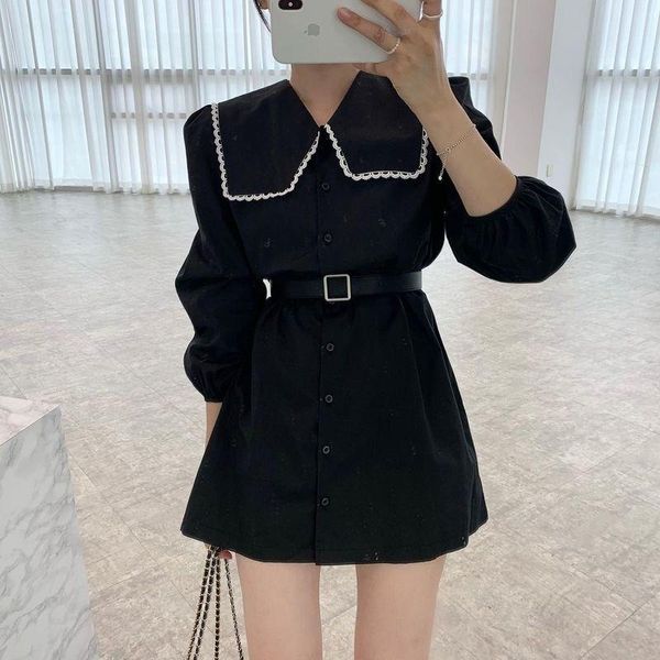 

casual dresses autumn contrast color lace single breasted large lapel puff long sleeve black dress women mini retro robe doll fashion sexy, Black;gray
