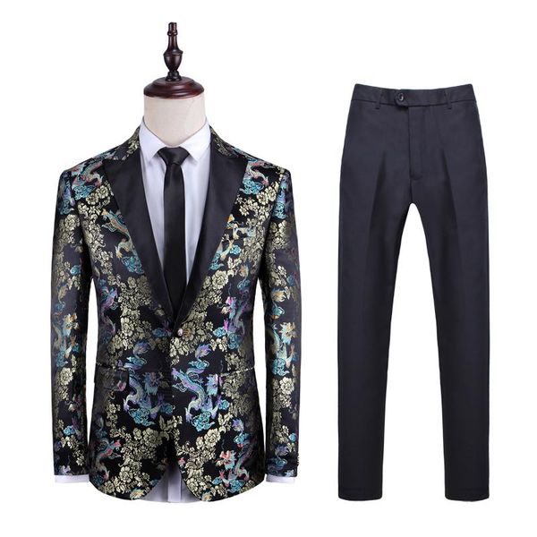 

fashion flower dress suit men two-piece set single-breasted male jacket and pants 2021 men's wedding suits size 4xl 5xl & blazers, White;black