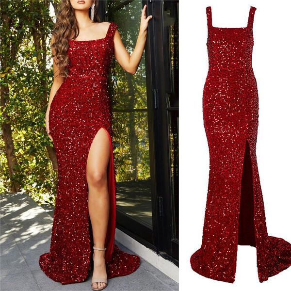 

party dresses sparkle burgundy slit leg mermaid long cocktail dress sequin stretchy velvet square neck sleeveless graduation autumn sexy, White;black