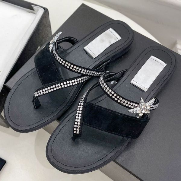 

2022 women catwalk crystal glitter slippers designer fashion ladies outdoor beach floral esandals causal flip flops flat sandal, Black