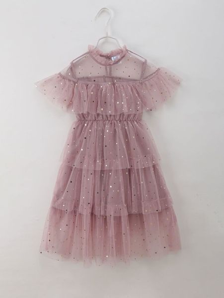 

girls galaxy ruffle frill neck mesh dress she, Red;yellow