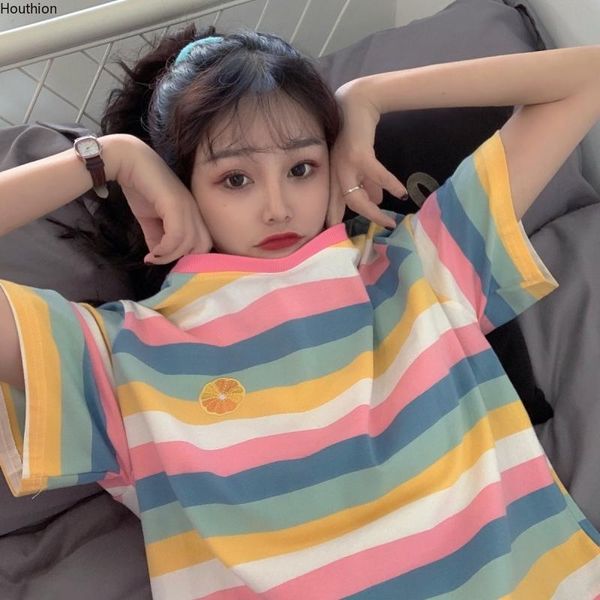 

women's t-shirt houthion loose oversize casual fashion short sleeve crop stripe cotton summer t shirt o-neck, White