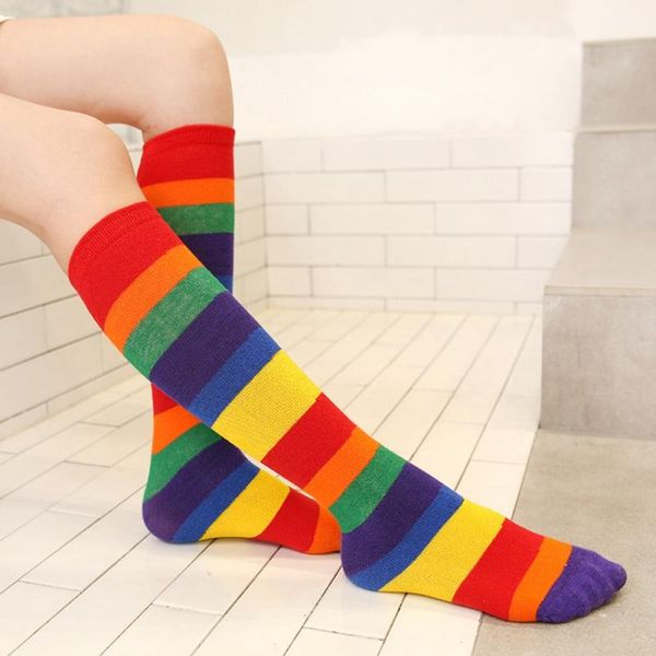 

footies kid girls rainbow striped knee socks long cotton stockings tights cloth, Blue