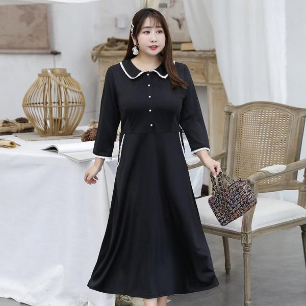 

casual dresses l-5xl autumn large size high waist woman dress chic single-breasted doll collar plus solid long big, Black;gray