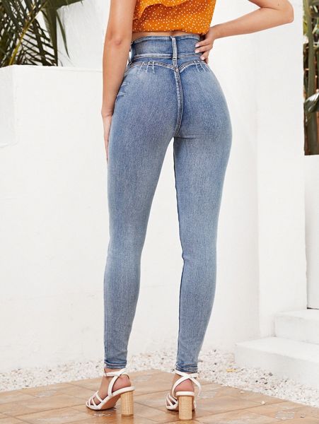 

high waist zip fly skinny jeans p2to#, Blue