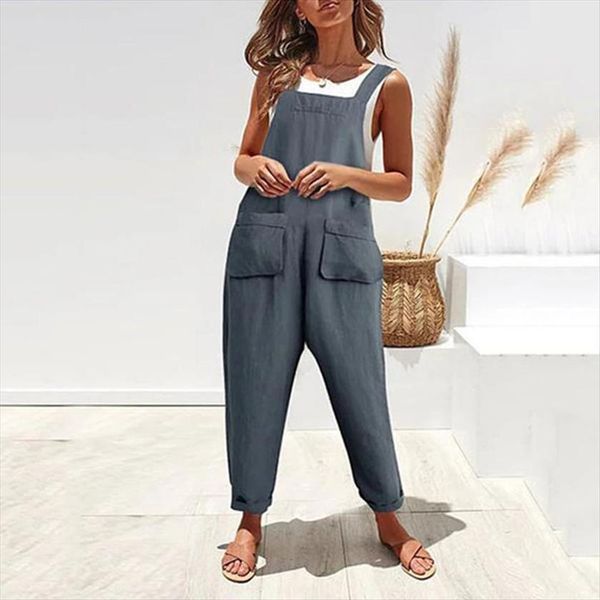 

spring summer selling casual solid womens jumpsuit color pocket cotton and linen strap, Black;white