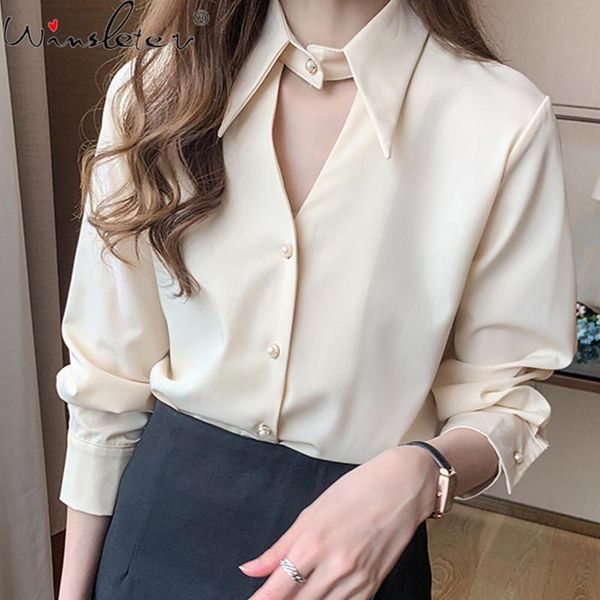 

single-breasted woman chiffon shirts 2021 autumn halter hollow out long sleeve solid women blouses korean style t07720k women's &, White