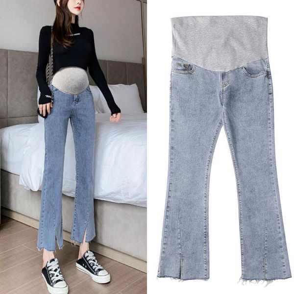 

maternity bottoms korea style jeans pants stretch wide leg straight, White
