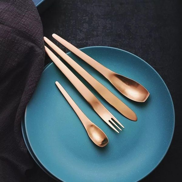 

gold japanese style matte stainless steel cutlery sets fork knife scoop set dessert dinnerware drop shiping
