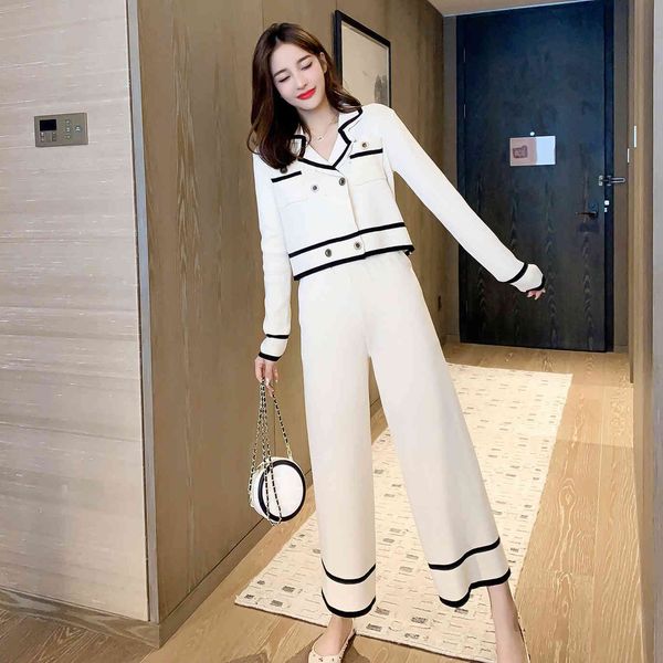 

pant elegant autumn long sleeve double-breasted sweatshirt suits womens cardigan sweaters broad-leg pants 2-piece assembly ddoc, White