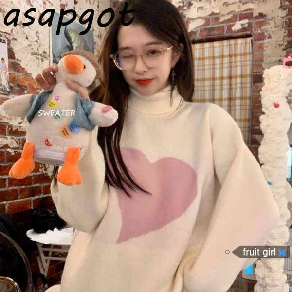 

chic korean gentle print love heart turtleneck sweaters women autumn loose pullovers thick knitwear fashion pull femme sweet 210429, White;black
