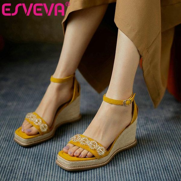 

sandals esveva 2021 elegant platform kid suede crystal female shoes summer fashion wedge high heels ankle strap women size 34-39, Black