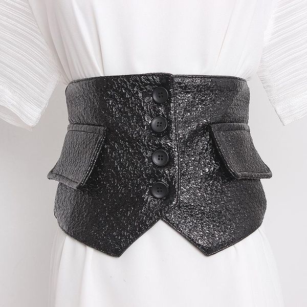 

belts patent leather wide belt women corset buttons elastic waistband cummerbunds office ladies elegant dress shirt strap girdle, Black;brown