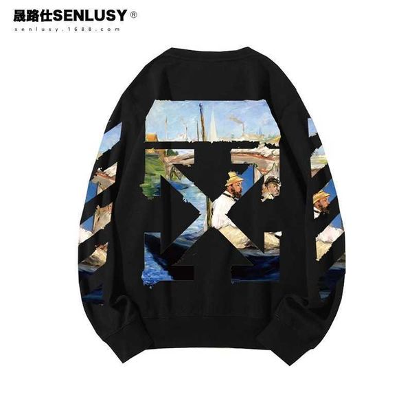 

hoodiesmen's street monet oil painting printed off round neck sweater, Black