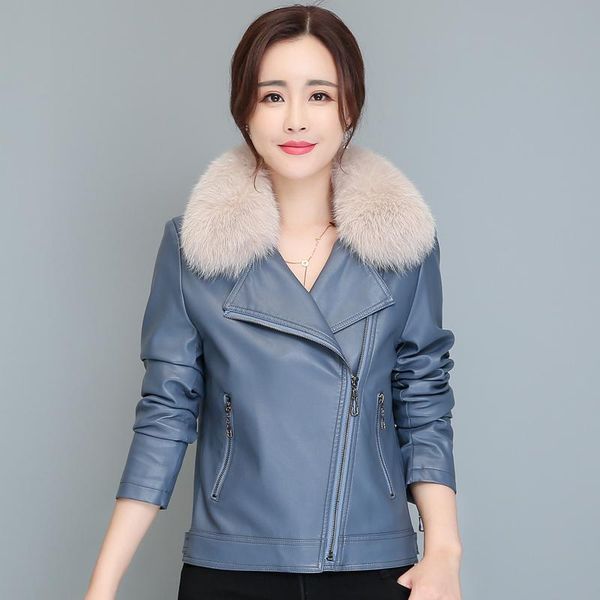 

real fur collar women pu leather jacket moto biker zipper 2021 autumn short casual black faux coats women's &