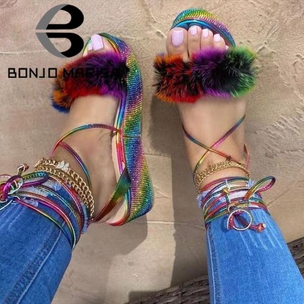 

dress shoes 2021 bling rhinestone platform fur multicolor open toe summer women's sandals leisure wedges gladiator lace up for women, Black
