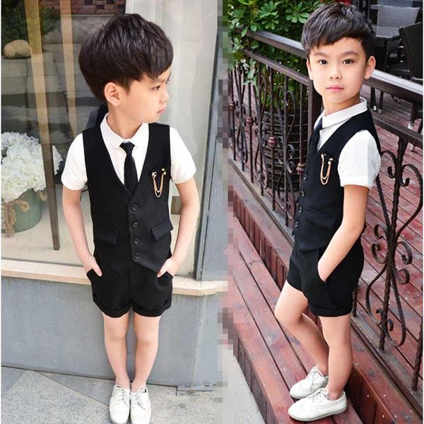 

clothing sets summer kid's prom suit vest shorts tshirt tie brooch 5parts child costume wedding flower boy dress slim and handsome blac, White