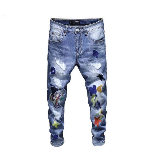 

jeans slim personalized printed elastic men's fashion, Blue