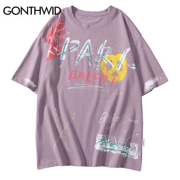 Gonthwid Graffiti Tinta Impressão T-shirts Hip Hop Punk Rock Hipster Streetwear Tees Camiseta Homens Verão Casual Manga Curta Tops Masculino 210623