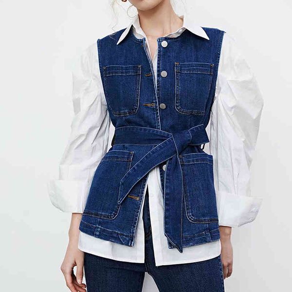 

vests waistcoats women with blet denim coats loose vintage retro oversize womens cargo streetwear outwear simple casual 210422, Black;white