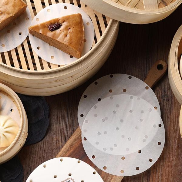 

steamed pad 7 inches perforated parchment paper sheets, non-stick steaming mat for air fryer / bamboo steamer baking cooking disposable tabl