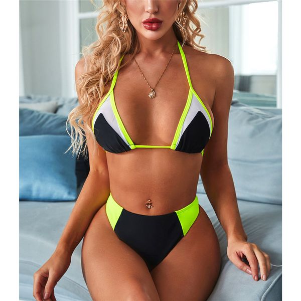 

new 2021 splicing mid waist bikini women swimwear female swimsuit two-pieces bikini set bather bathing suit swim lady k2000