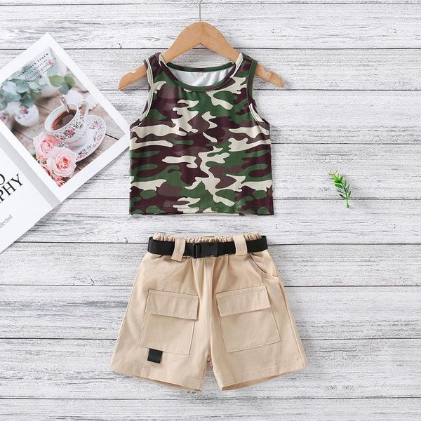 

summer children's clothing suits girls' clothes camouflage vest + high-waist overalls shorts 2-piece boys sets, White