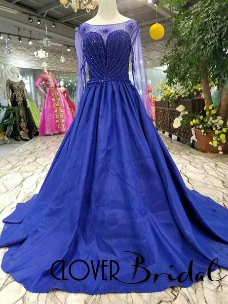 

party dresses cloverbridal luxury pearls stones beaded satin long sleeves royal blue prom sweep train hanging chain back, White;black