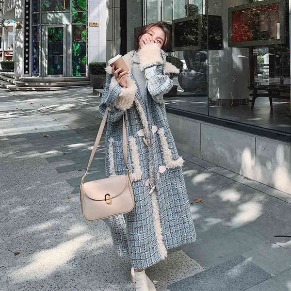 

women's wool & blends korean autumn winter trendy horn buckle plaid plush splicing woolen coat over-the-knee long loose style tjbh, Black