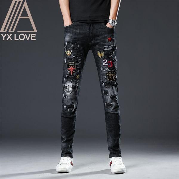 

embroidery black men jeans fantastic patterns quality brand slim elastic comfortable hiphop pants multiple styles trousers 210319, Blue