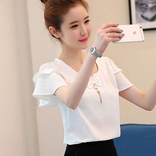 

summer chiffon shirt women's elegant bow tie blouse casual petal sleeve o-neck short white blouses df2328 & shirts