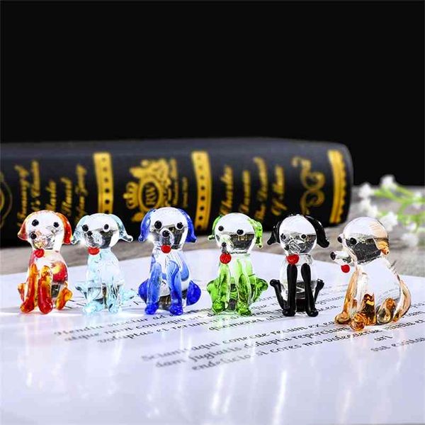 HD Juego de 6 Figuras de vidrio en miniatura Perro soplado a mano Vidrio de Murano Arte Animal Figuras de mascotas Decoración de escritorio para el hogar Regalos coleccionables 210811