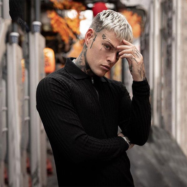 

men's polos spring fashion long sleeve knitted shirts men gym fitness slim fit zipper sweater bodybuilding stretch poloshirt, White;black