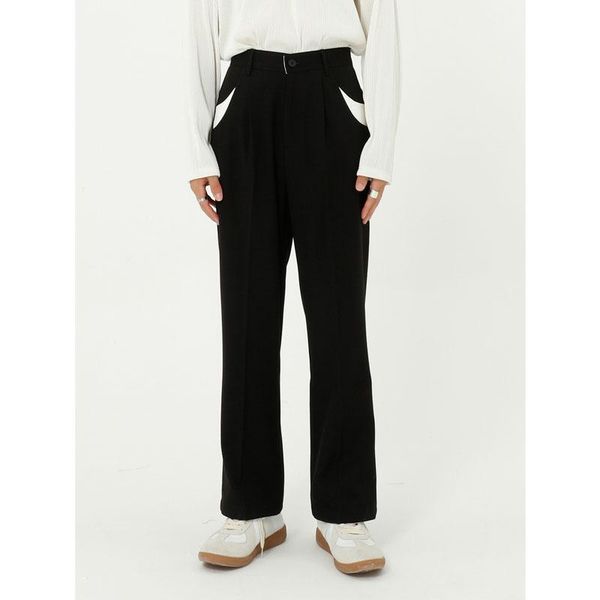 

male japan korea style streetwear vintage fashion straight pant men black white splice casual loose ankle-length suit men's pants