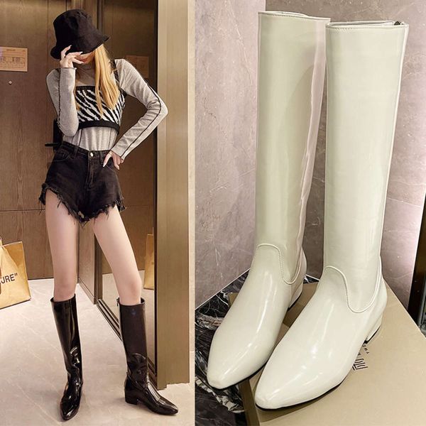 

net red patent leather pointed boots women's knee thin knight leg long straight bright, Black