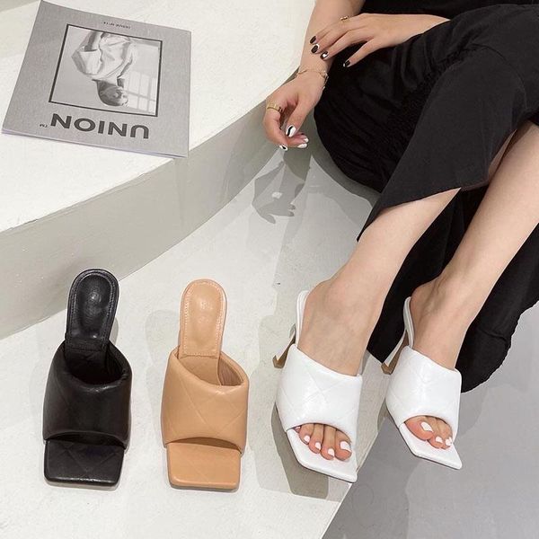 

slippers 2021 brand design women elegant square toe thin high heels 9cm summer ladies outdoor beach female slides shoes, Black