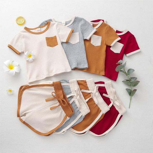 

0 4y summer kids baby boy girl clothing pocket patch short sleeve knitted shorts loose cotton 2pcs outfits set, White