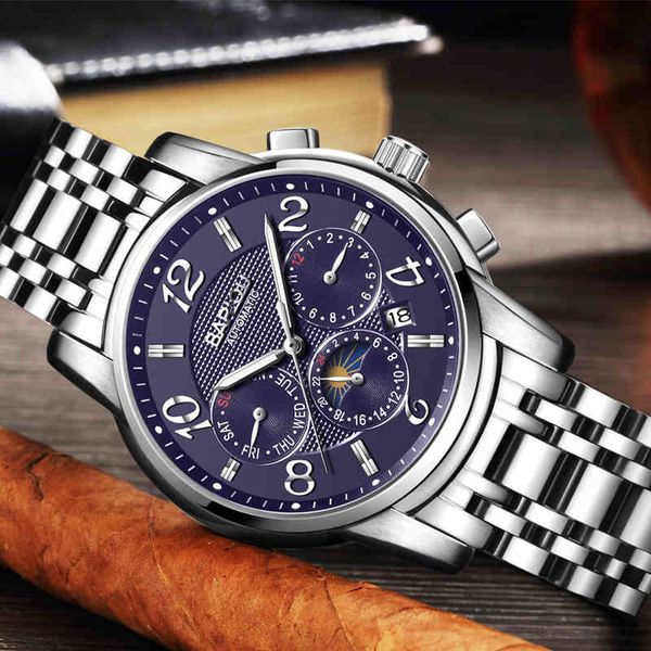 

bariou automatic mechanical men looking brand luxury male complete stainless steel hour relogio masculino business style 1003g, Slivery;brown