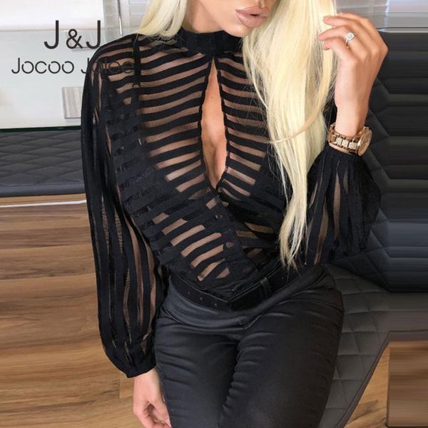 

women's blouses & shirts jocoo jolee women long sleeve mesh sheer blouse fashion striped see-through shirt ol work stripes keyhole fron, White