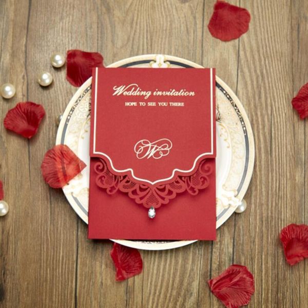 

greeting cards 50pcs/pack red hollow rhinestones wedding invitations card personalized custom printable event & party supplies