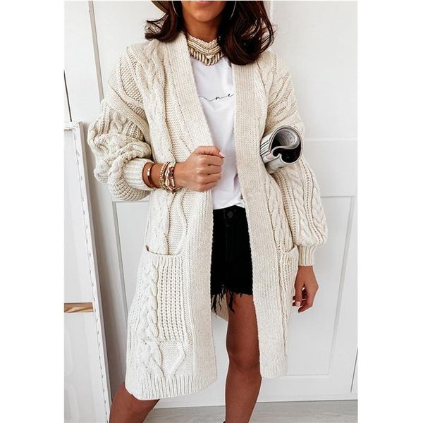 

women's knits & tees vintage 2021 autumn winter long soft cashmere elastic warm twist knitted cardigan v-neck sleeve sweater, White