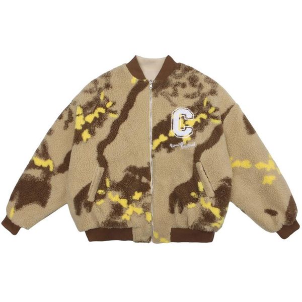 

men's jackets men camouflage lamb wool thick warm padded harajuku parka coats oversized streetwear couple reversible, Black;brown