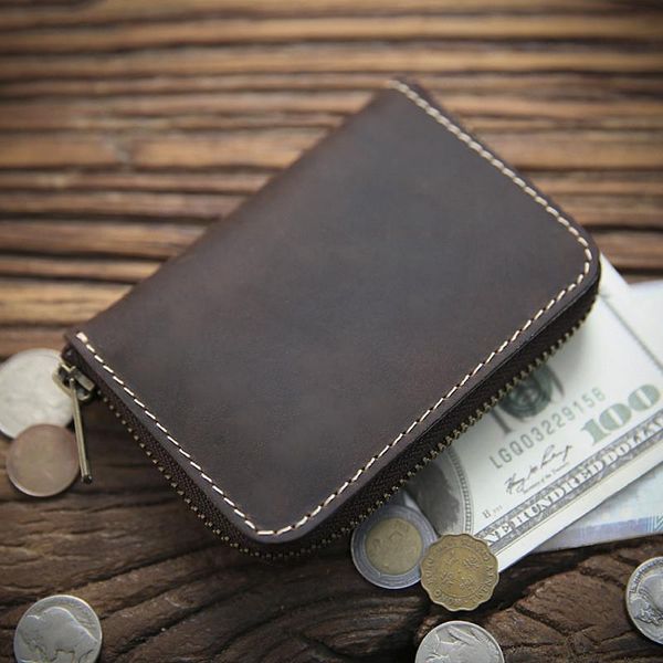 

genuine leather wallet for men male vintage crazy horse short small zipper mens wallets purse card holder coin pocket, Red;black