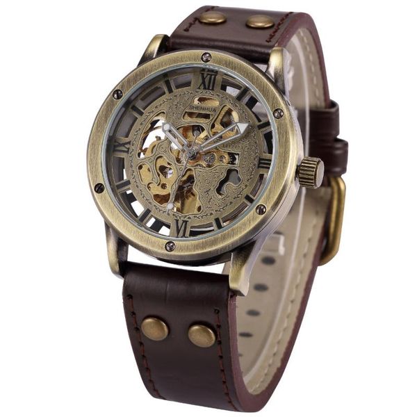 

Retro Bronze Skeleton Mechanical Watch Men's Automatic Watches Vintage Sport Top Relogio Masculino Male Clock Wristwatches, Slivery;brown