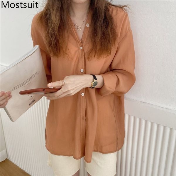

korean stylish v-neck women blouses shirts long sleeve sinlge-breasted sunscreen casual fashion loose blusas 210518, White