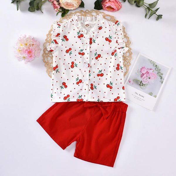 

clothing sets girls clothes 2021 summer kids suit sleeveless fruit print bow shorts 2pcs outfit single breasted children, White